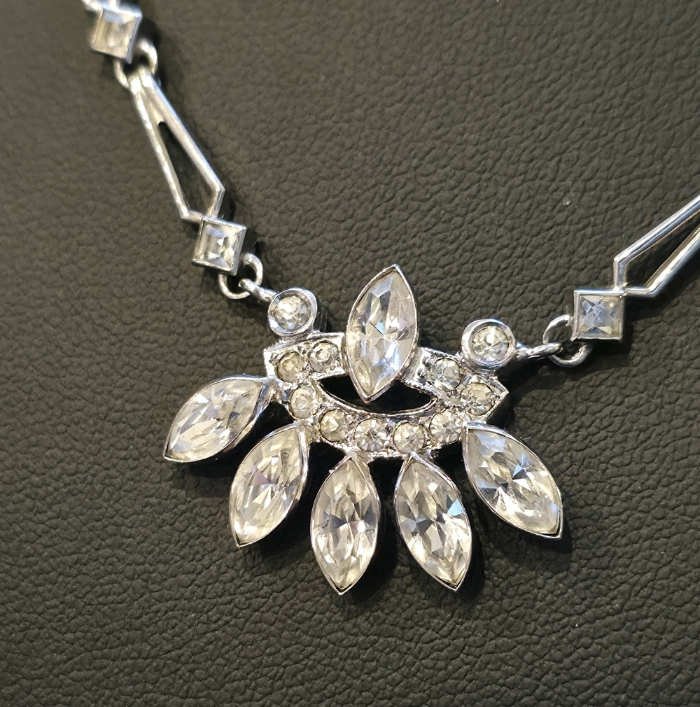Art Deco Sterling Silver Paste Necklace | 1920s Rhodium Plated Crystal Floral